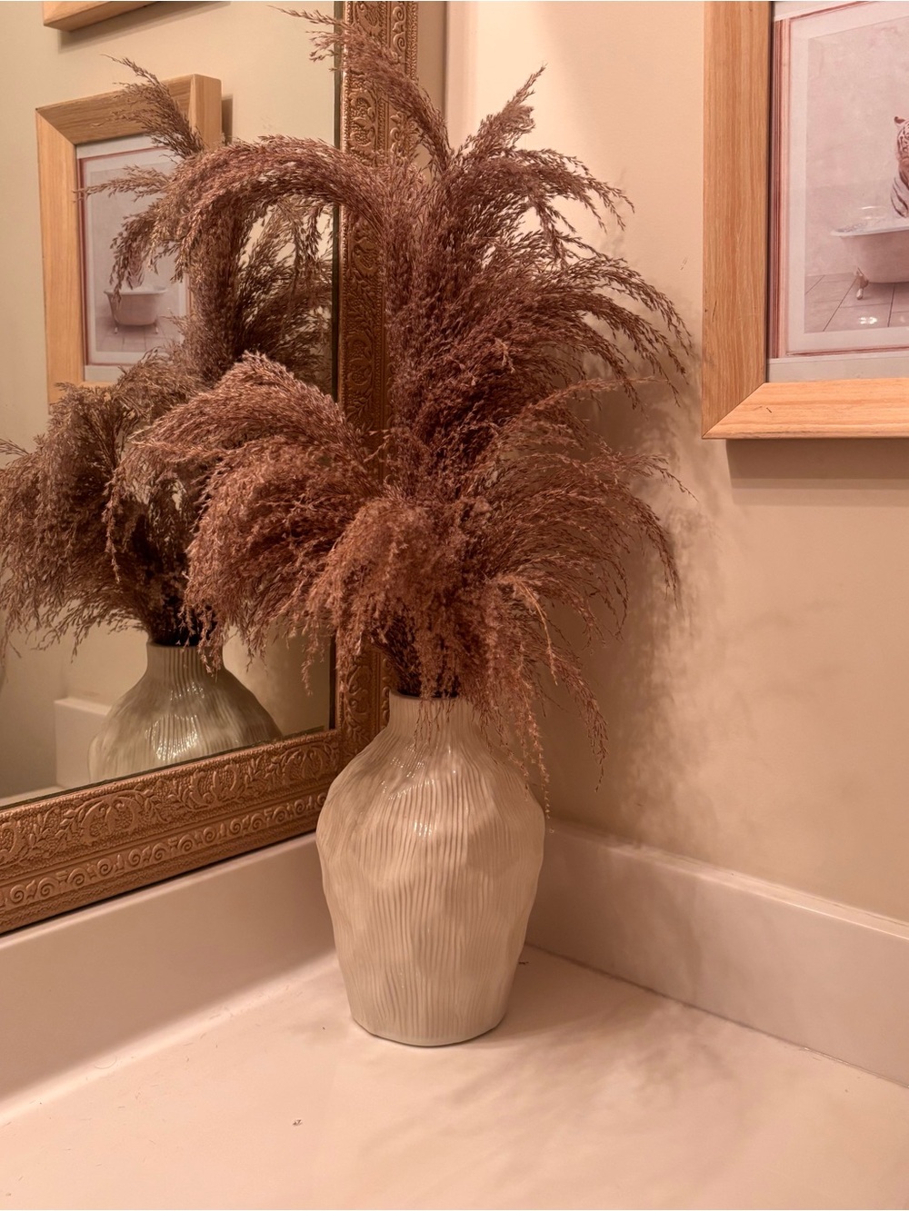 Neutral Cream Ribbed Ceramic Vase with Dried Pampas - Home Accents